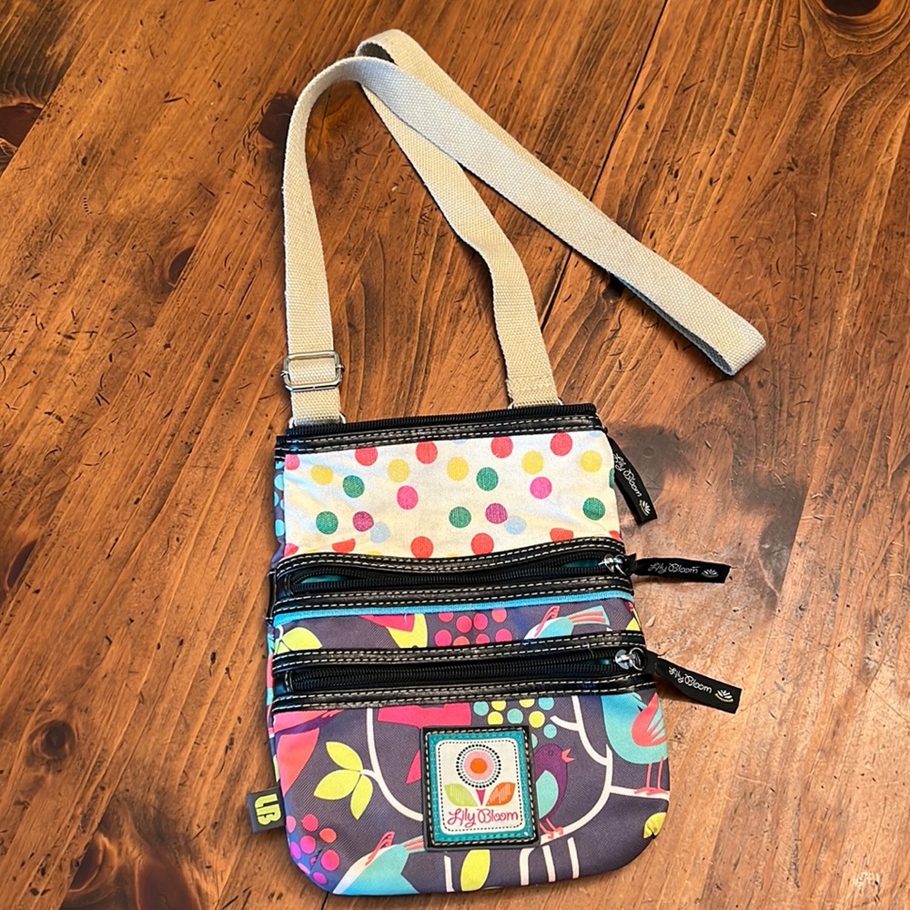 Lily Bloom Crossbody Purse w/ Birds, Polka Dots, and Flowers.
